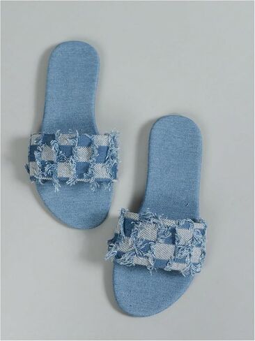 Oyoangle Women's Plaid Sandals Flat Flat Vintage Raw Trim Open Open Toe Non Slip Jean Slide Sandals in Saudi Arabia