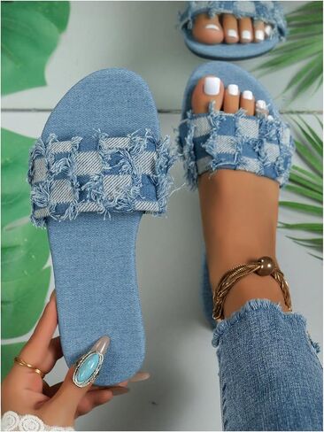 Oyoangle Women's Plaid Sandals Flat Flat Vintage Raw Trim Open Open Toe Non Slip Jean Slide Sandals in Saudi Arabia