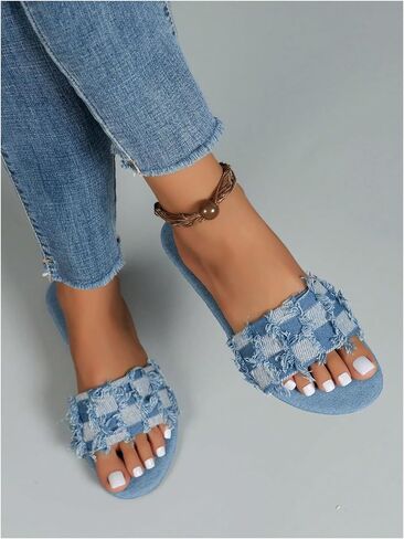 Oyoangle Women's Plaid Sandals Flat Flat Vintage Raw Trim Open Open Toe Non Slip Jean Slide Sandals in Saudi Arabia