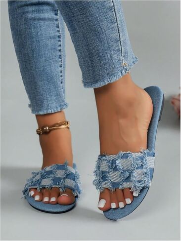 Oyoangle Women's Plaid Sandals Flat Flat Vintage Raw Trim Open Open Toe Non Slip Jean Slide Sandals in Saudi Arabia