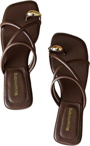 Women's Metal Toe Ring Strappy Flat Sandals Square Open Toe Comfortable Slip-On Low Heel Slide Sandals Summer Fashion Casual Beach Slipper in Saudi Arabia
