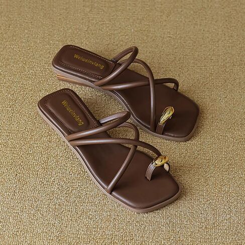 Women's Metal Toe Ring Strappy Flat Sandals Square Open Toe Comfortable Slip-On Low Heel Slide Sandals Summer Fashion Casual Beach Slipper in Saudi Arabia