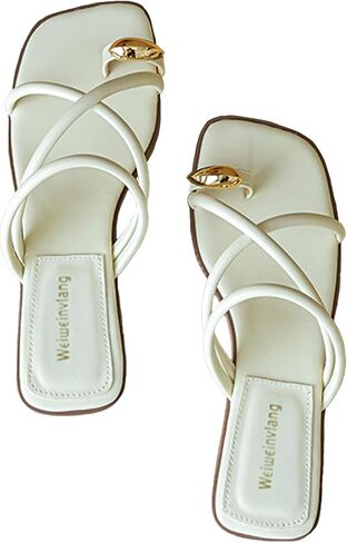 Women's Metal Toe Ring Strappy Flat Sandals Square Open Toe Comfortable Slip-On Low Heel Slide Sandals Summer Fashion Casual Beach Slipper in Saudi Arabia
