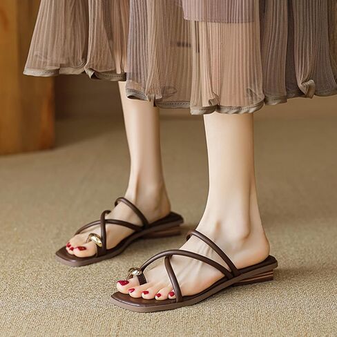 Women's Metal Toe Ring Strappy Flat Sandals Square Open Toe Comfortable Slip-On Low Heel Slide Sandals Summer Fashion Casual Beach Slipper in Saudi Arabia