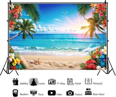 Summer Hawaiian Beach Backdrop 10x8ft Fabric Hawaii Luau Party Decor Tropical Aloha Birthday Retirement Banner Tiki Baby Shower Wedding Backdrop in Saudi Arabia
