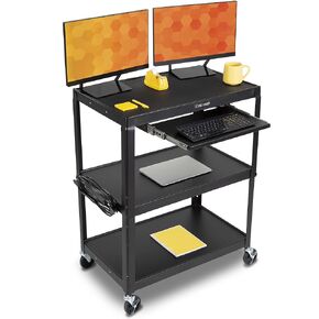 Line Leader Extra Wide Rolling AV Cart - Adjustable Shelf Height Computer Stand Workstation, Includes Pullout Keyboard Tray, Lockable Wheels, Power Cord Management (Black, 42in x 32in x 20in)