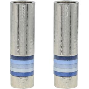Yair Emanuel Hammered Nickel Candlestick Holders with Blue Rings for Shabbat or Yom Tov (CSO-2)
