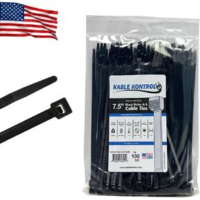Kable Kontrol Made in USA Cable Zip Ties, 100 Pcs 8 Inch Black, 120 Lbs Tensile Strength, Self-locking UV Resistant Plastic Nylon Wire Ties, for Indoor or Outdoor Use