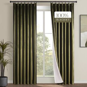 Topfinel 90 Inches Long Olive Green Curtains for Bedroom,Velvet Pinch Pleat Light Blocking Forest Green Curtains, Room Darkening Modern Spring Hunter Green Moody Drapes 2 Panels Set with Hooks Rings
