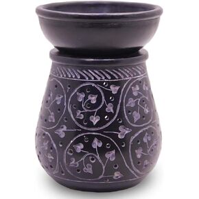 Marble Soapstone Candle Aroma Burner | Tea Light Holder | Oil Diffuser | Wax Burner. Handmade Round Black Floral Carving for Gifting and Home Décor.