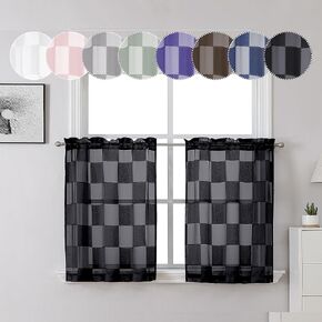 OVZME Barry White Sheer Curtains 63 Inch Length 2 Panels - Checkered Light Filtering Soft Airy Voile, Clip Jacquard Textured Drapes for Bedroom Living Room Window, Dual Rod Pocket, 42Wx63L