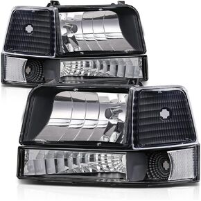 M-AUTO 6PC Set Headlights Assembly Replacement for 1992 1993 1994 1995 1996 Ford F-150 F-250 F-350 Bronco, Factory Style Headlamps w/Black Housing Clear Corner for Passenger and Driver Side