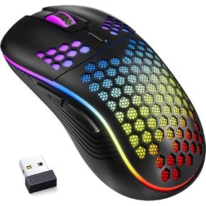 Wireless Gaming Mouse Honeycomb 2.4G USB Cordless Mouse RGB Rechargeable PC Game Mice with 7-Color LED Lights，3 Adjustable DPI for Windows Laptop Desktop Computers -Black