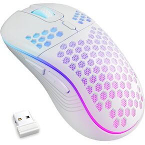 ماوس ألعاب لاسلكي على شكل قرص العسل 2.4 جيجا بايت USB ماوس لاسلكي RGB قابل لإعادة الشحن ألعاب الكمبيوتر مع أضواء LED 7 ألوان، 3 DPI قابلة للتعديل لأجهزة الكمبيوتر المكتبية المحمولة التي تعمل بنظام Windows - أبيض