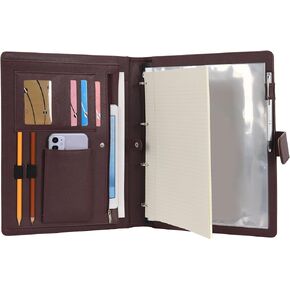 Wonderpool A4 PU Leather 4 Ring Holder Writing Portfolio Multi Document Case with Removable Binder Clipboard and Functional Pocket for Organizer Office Travel School (Blue)