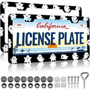 LIN KANG License Plate Frame Holder for Women - 2 Pack Universal Pink Car Plate Holder Cover Cute Horror Ghost Skull Face Car Tag Cover Holder with Free Screws Fasteners Caps