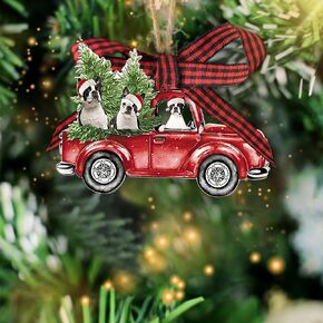 Talataca Boston Terrier with Christmas Red Truck Pine Tree Gift 2D Flat Car Rear View Mirror Accessories Christmas Tree Ornament Decoration Hanging Charm Interior Rearview Pendant Decor Gift