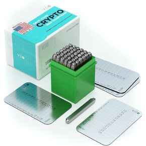 vilo 4 Stainless Steel Plates + Punch Set, 24 Crypto seed phrase storage, Crypto Cold Storage Seed Backup, Compatible with All BIP39, Ledger Nano, Trezor, KeepKey, Coldcard.
