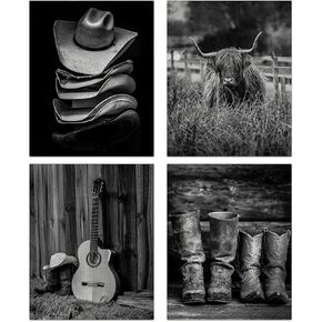 Western Cowboy Wall Art, Highland Cow Print, Boots Straw Hat and Longhorn Decor Vintage Farmhouse Canvas for Men's Bedroom, Set of 4(8inx10in, Unframed)