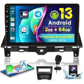 Hikity Android Car Stereo for Honda Accord 2008-2013 Radio 2+64GB 10.1 Inch Touchscreen Car Radio Wireless Carplay Android Auto Support GPS Navigation WiFi Bluetooth FM EQ Backup Camera