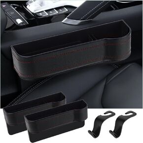 2 PCS Car Seat Gap Filler Organizer, Multifunctional Leather Front Seat Gap Storage Box with Cup Holder, Premium Auto Console Organizer with 2 Bonus Headrest Hooks (Black)