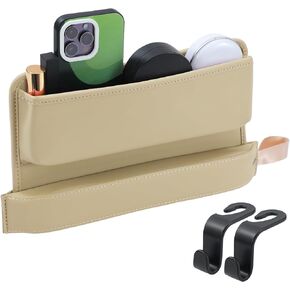 Car Seat Gap Filler Organizer, PU Leather Seat Gap Storage Box with 2 Car Seat Headrest Hooks, Car Seat Storage Box for Phones, Wallets, Keys (Pink)