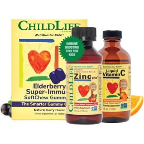 CHILDLIFE ESSENTIALS Immune Support Bundle - Contains Elderberry Super-Immune SoftChew Gummies, Zinc Plus, & Vitamin C, Supports The Immune System, High in Antioxidants - Mixed Flavors (1 Bundle)
