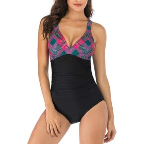 V Neck One Piece Swimsuits with Ruching Bathing Suits Tummy Control Beach Swimwear for Women