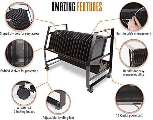 عربة شحن مفتوحة لـ Line Leader 16 جهازًا لأجهزة الكمبيوتر المحمولة والأجهزة اللوحية وأجهزة Chromebook، ومحطة كمبيوتر محمول محمولة، وعجلات قابلة للإزالة لاستخدام سطح المكتب، وشريط طاقة مدرج في قائمة UL (أسود، 27 بوصة × 14.75 بوصة × 21 بوصة) in Kuwait