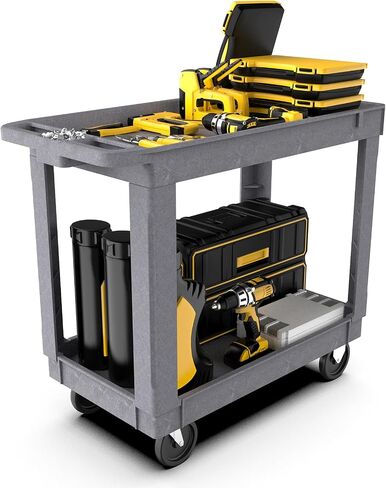 2 Shelf Utility Cart On Wheels, Heavy Duty Service Cart Plastic Cart with Wheels, 600 Lbs Capacity w/Deep Shelves for Warehouse Workshop Cleaning Office Restaurant Commercial Moving in Saudi Arabia