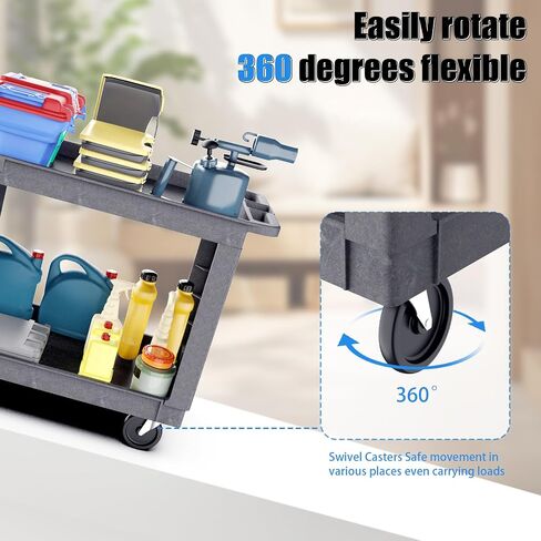 2 Shelf Utility Cart On Wheels, Heavy Duty Service Cart Plastic Cart with Wheels, 600 Lbs Capacity w/Deep Shelves for Warehouse Workshop Cleaning Office Restaurant Commercial Moving in Saudi Arabia