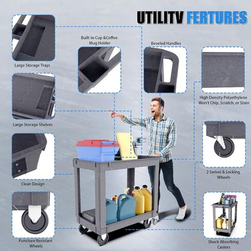 2 Shelf Utility Cart On Wheels, Heavy Duty Service Cart Plastic Cart with Wheels, 600 Lbs Capacity w/Deep Shelves for Warehouse Workshop Cleaning Office Restaurant Commercial Moving in Saudi Arabia
