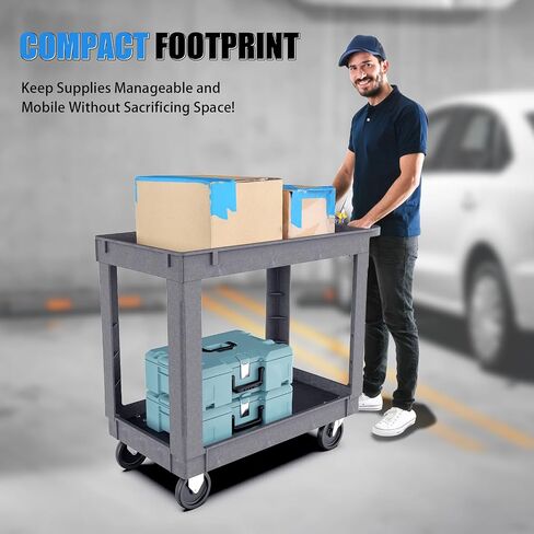 2 Shelf Utility Cart On Wheels, Heavy Duty Service Cart Plastic Cart with Wheels, 600 Lbs Capacity w/Deep Shelves for Warehouse Workshop Cleaning Office Restaurant Commercial Moving in Saudi Arabia
