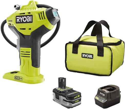 Ryobi P737D 18 فولت واحد + منفاخ ضغط عالي لاسلكي مع مقياس رقمي، بطارية ليثيوم 3.0 أمبير + HP عالية السعة، شاحن 18 فولت، وحقيبة in Kuwait