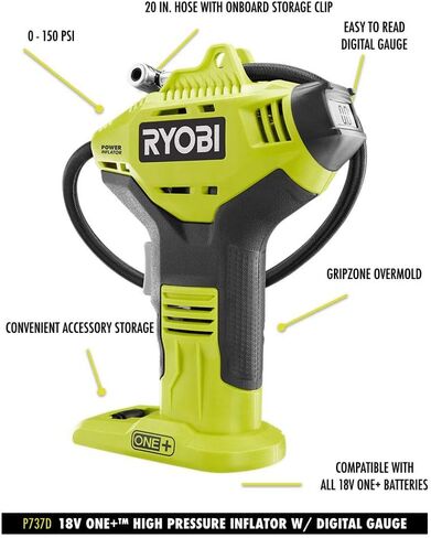 Ryobi P737D 18 فولت واحد + منفاخ ضغط عالي لاسلكي مع مقياس رقمي، بطارية ليثيوم 3.0 أمبير + HP عالية السعة، شاحن 18 فولت، وحقيبة in Kuwait