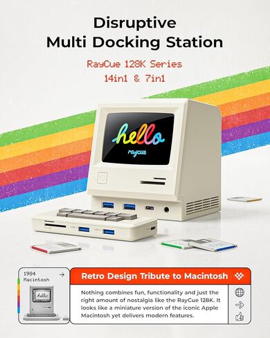 محطة إرساء RayCue 14 في 1 مع محور 7 في 1، ومحطة إرساء USB C مع شاشات HDMI ثلاثية 4K@60 هرتز، وشحن PD، ومحول طاقة 130 وات، ومركز ديكور سطح المكتب القديم مع ساعة رقمية/إطار صور/مشغل موسيقى in Kuwait