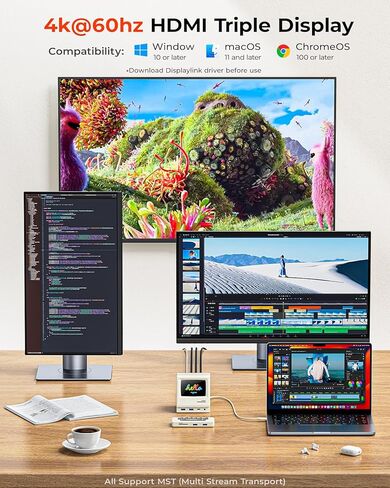 محطة إرساء RayCue 14 في 1 مع محور 7 في 1، ومحطة إرساء USB C مع شاشات HDMI ثلاثية 4K@60 هرتز، وشحن PD، ومحول طاقة 130 وات، ومركز ديكور سطح المكتب القديم مع ساعة رقمية/إطار صور/مشغل موسيقى in Kuwait