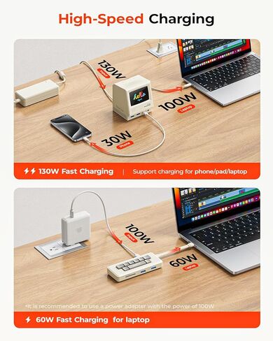 محطة إرساء RayCue 14 في 1 مع محور 7 في 1، ومحطة إرساء USB C مع شاشات HDMI ثلاثية 4K@60 هرتز، وشحن PD، ومحول طاقة 130 وات، ومركز ديكور سطح المكتب القديم مع ساعة رقمية/إطار صور/مشغل موسيقى in Kuwait