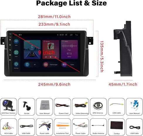 2+64G Android Car Stereo for BMW E46 3 Series 1999-2005 with Apple Carplay Android Auto Mirror Link 9 inch Touchscreen FM RDS HiFi Bluetooth WiFi GPS+Camera & MIC in Saudi Arabia