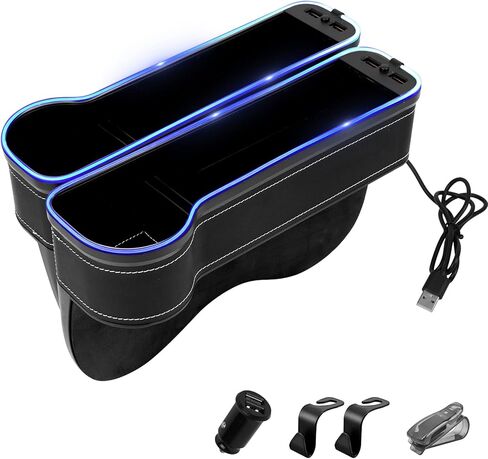 WENMER حشو فجوات مقعد السيارة، منظم فجوات مقعد السيارة مع ضوء LED متعدد الوظائف، صندوق تخزين منظم فجوات المقعد مع منفذ شحن USB، حشو فجوة وحدة التحكم في السيارة لحامل أكواب محفظة الهاتف (عبوتان، أسود) in Kuwait