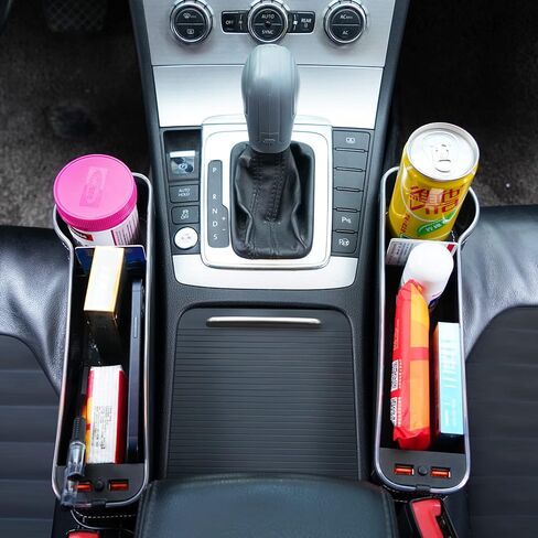 WENMER حشو فجوات مقعد السيارة، منظم فجوات مقعد السيارة مع ضوء LED متعدد الوظائف، صندوق تخزين منظم فجوات المقعد مع منفذ شحن USB، حشو فجوة وحدة التحكم في السيارة لحامل أكواب محفظة الهاتف (عبوتان، أسود) in Kuwait
