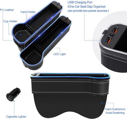 WENMER حشو فجوات مقعد السيارة، منظم فجوات مقعد السيارة مع ضوء LED متعدد الوظائف، صندوق تخزين منظم فجوات المقعد مع منفذ شحن USB، حشو فجوة وحدة التحكم في السيارة لحامل أكواب محفظة الهاتف (عبوتان، أسود) in Kuwait
