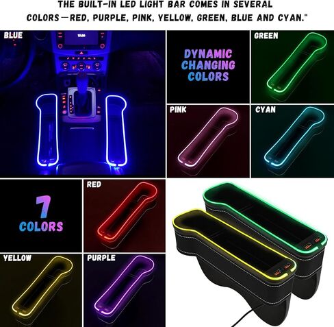 WENMER حشو فجوات مقعد السيارة، منظم فجوات مقعد السيارة مع ضوء LED متعدد الوظائف، صندوق تخزين منظم فجوات المقعد مع منفذ شحن USB، حشو فجوة وحدة التحكم في السيارة لحامل أكواب محفظة الهاتف (عبوتان، أسود) in Kuwait