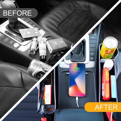 WENMER حشو فجوات مقعد السيارة، منظم فجوات مقعد السيارة مع ضوء LED متعدد الوظائف، صندوق تخزين منظم فجوات المقعد مع منفذ شحن USB، حشو فجوة وحدة التحكم في السيارة لحامل أكواب محفظة الهاتف (عبوتان، أسود) in Kuwait