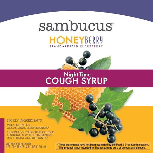 Nature's Way Sambucus HoneyBerry NightTime Cough Syrup, Soothes Occasional Cough Due to Horseness, Dry Throat & Irritants and Melatonin for Occasional Sleeplessness*, 4 Fl. Oz in Saudi Arabia