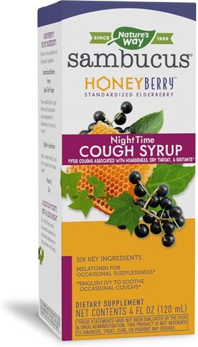 Nature's Way Sambucus HoneyBerry NightTime Cough Syrup, Soothes Occasional Cough Due to Horseness, Dry Throat & Irritants and Melatonin for Occasional Sleeplessness*, 4 Fl. Oz in Saudi Arabia