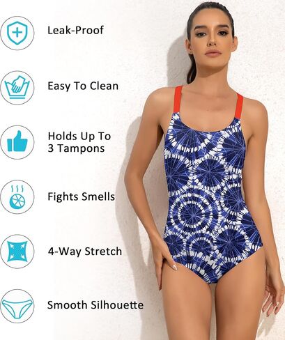 ملابس سباحة من بيوتيكيني قطعة واحدة مضادة للتسرب للحيض للنساء للتدريب الرياضي بدلة استحمام للفتيات المراهقات باللون البرتقالي والأزرق الحلزوني in Kuwait