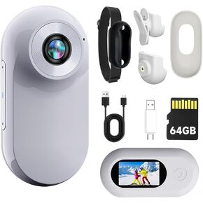 Mini Body Camera 1080P, Tiny Cam Portable Thumb Action Cam, Helmet Camera with Audio and Video Recording, Wearable Hands-Free POV Video Camera for Cycling Pet Vlogging,White,128GB