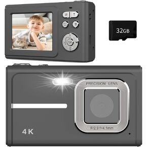 Digital Camera for Kids, 1080P FHD Camera, Autofocus 4K 48MP Point and Shoot Digital Camera 16X Zoom 32GB Card, with 2 Batteries Pink Compact Camera Gifts for Teens Kids Boys Girls