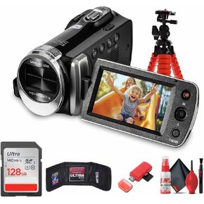 Samsung HMX-F90 HD Camcorder Bundle Including: 128 GB Memory Card, Card Reader, Card Wallet, Cleaning Kit, Flexible Tripod